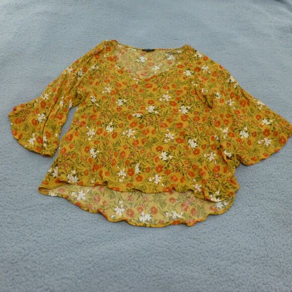 Rachel Zoe Shirt Womens 2X Blouse Yellow Floral Flutter Sleeve 3/4 Boho V Neck - Picture 1 of 8